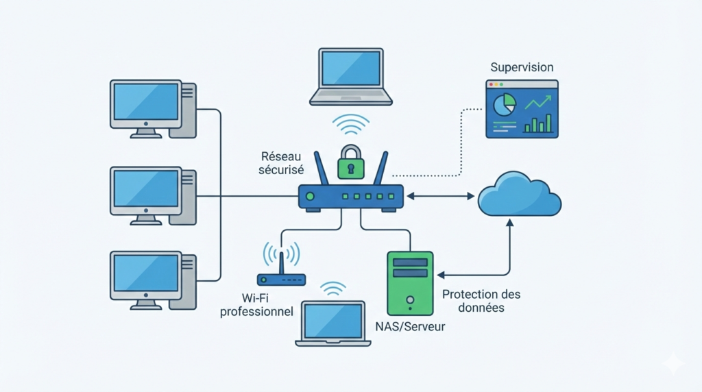 Schéma de réseau LAN et Wi-Fi sécurisé avec supervision et infogérance pour entreprise à Ambert