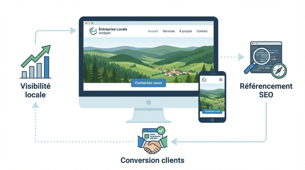 Schéma explicatif d’un site vitrine montrant visibilité locale, référencement SEO et conversion clients pour TPE et PME à Ambert