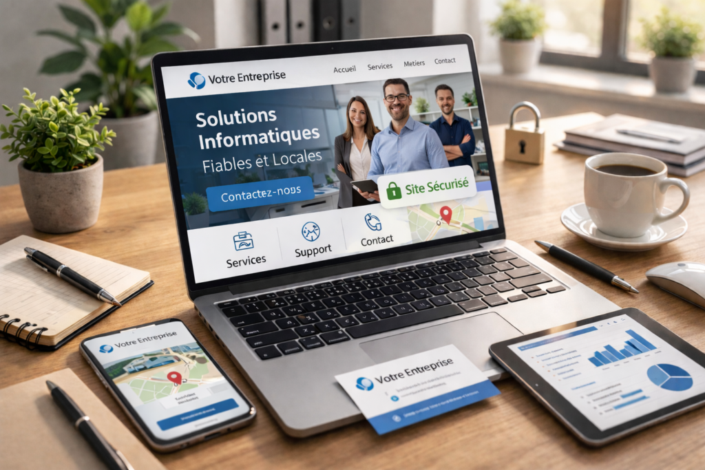 Site web professionnel affiché sur ordinateur dans un bureau d’entreprise