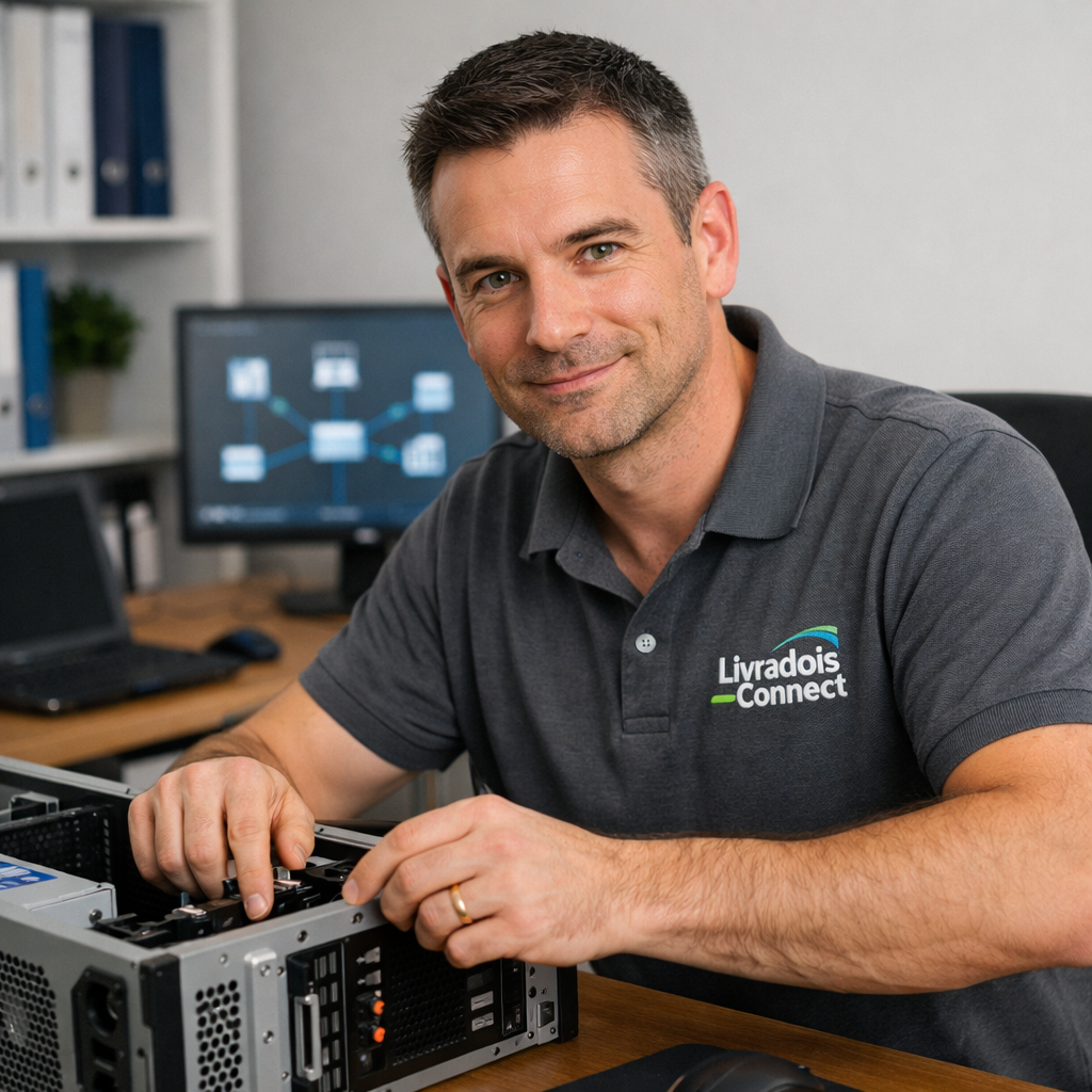 Technicien réalisant une maintenance informatique sur un poste professionnel